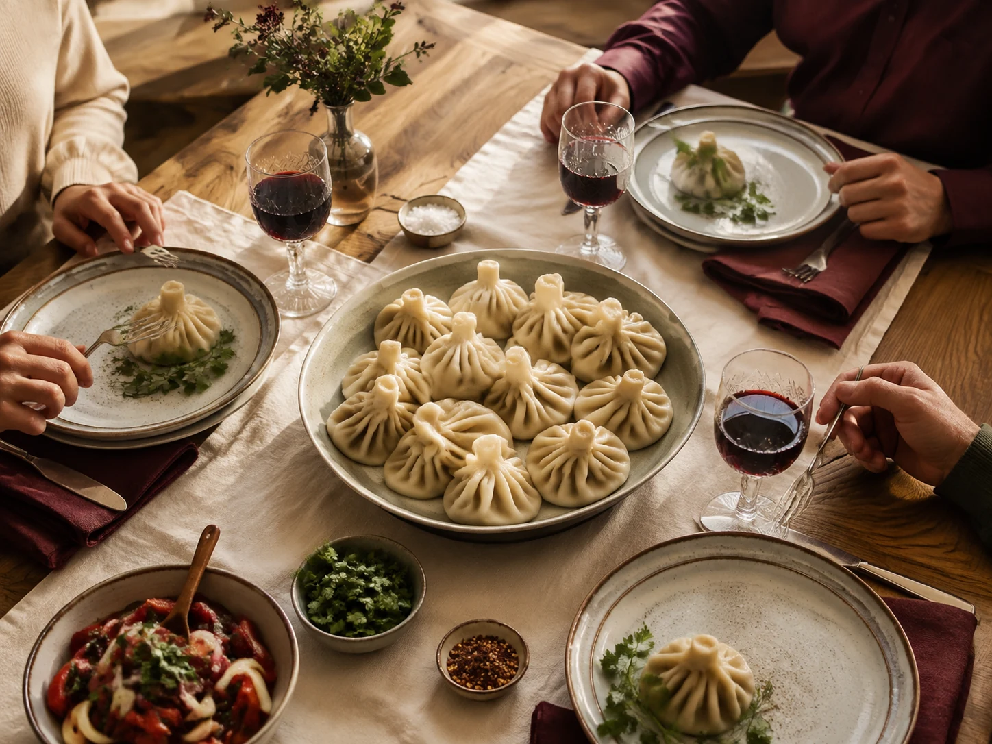 Three friends sharing khinkali around a table